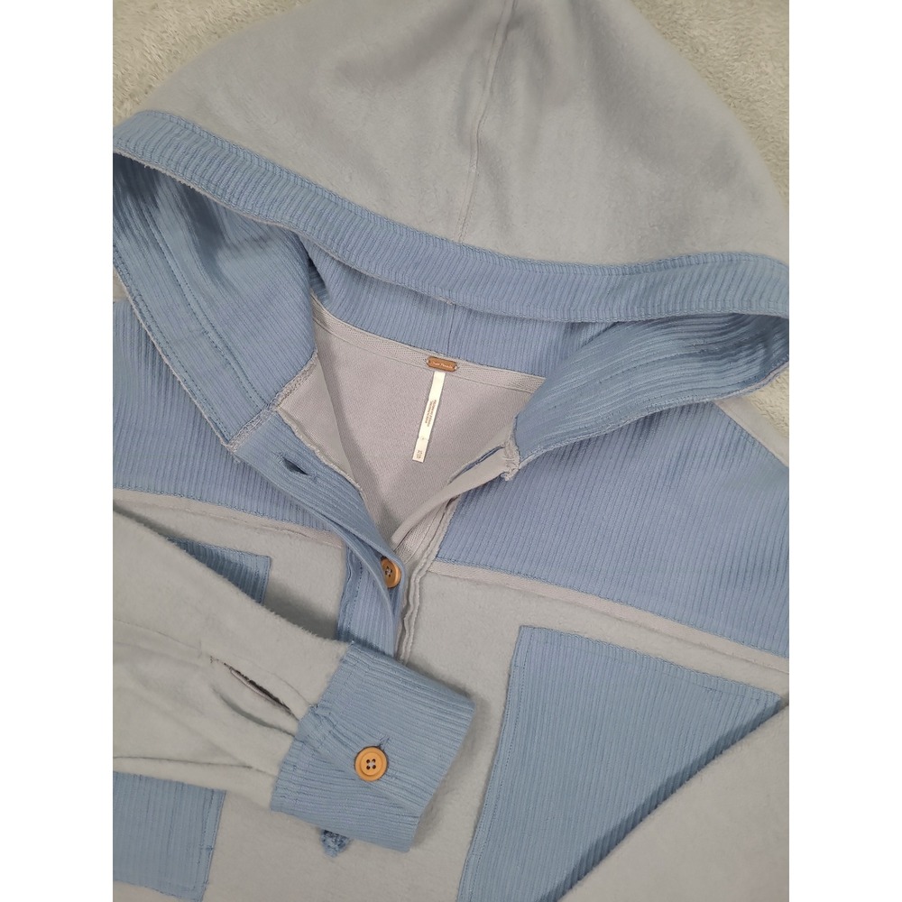 Free People Blue Gray Mixed Media Fleece Henley Hoodie XS Relaxed Fit OB1313386